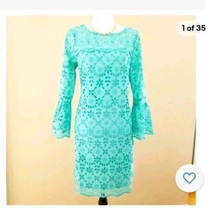 J.Crew sz 8 Aqua Bell-sleeve Embroidered Scallop Eyelet Dress NWT FLAW